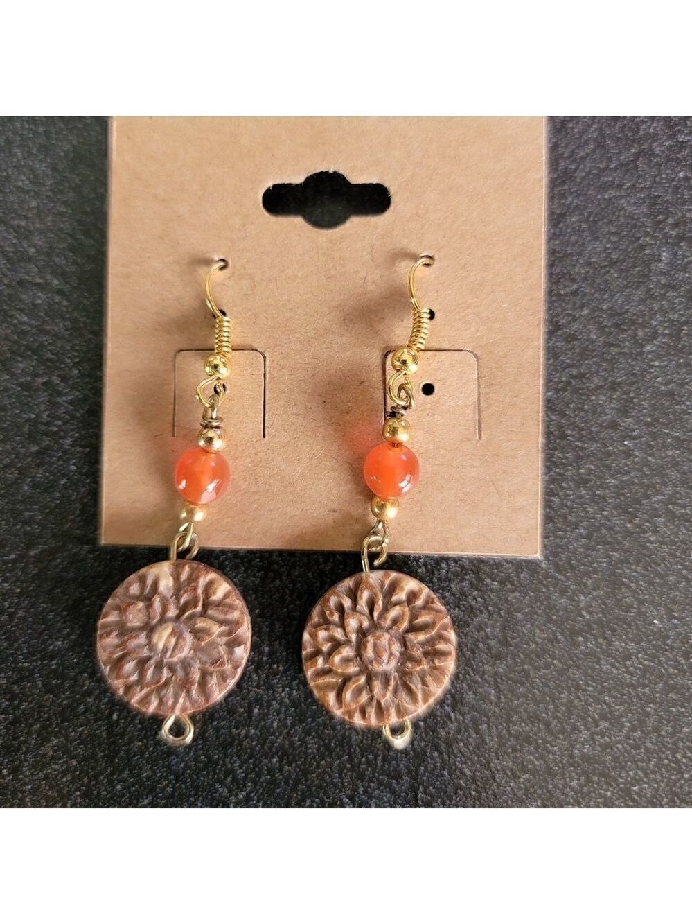 Handmade Gold Orange Dangle Earrings #E157